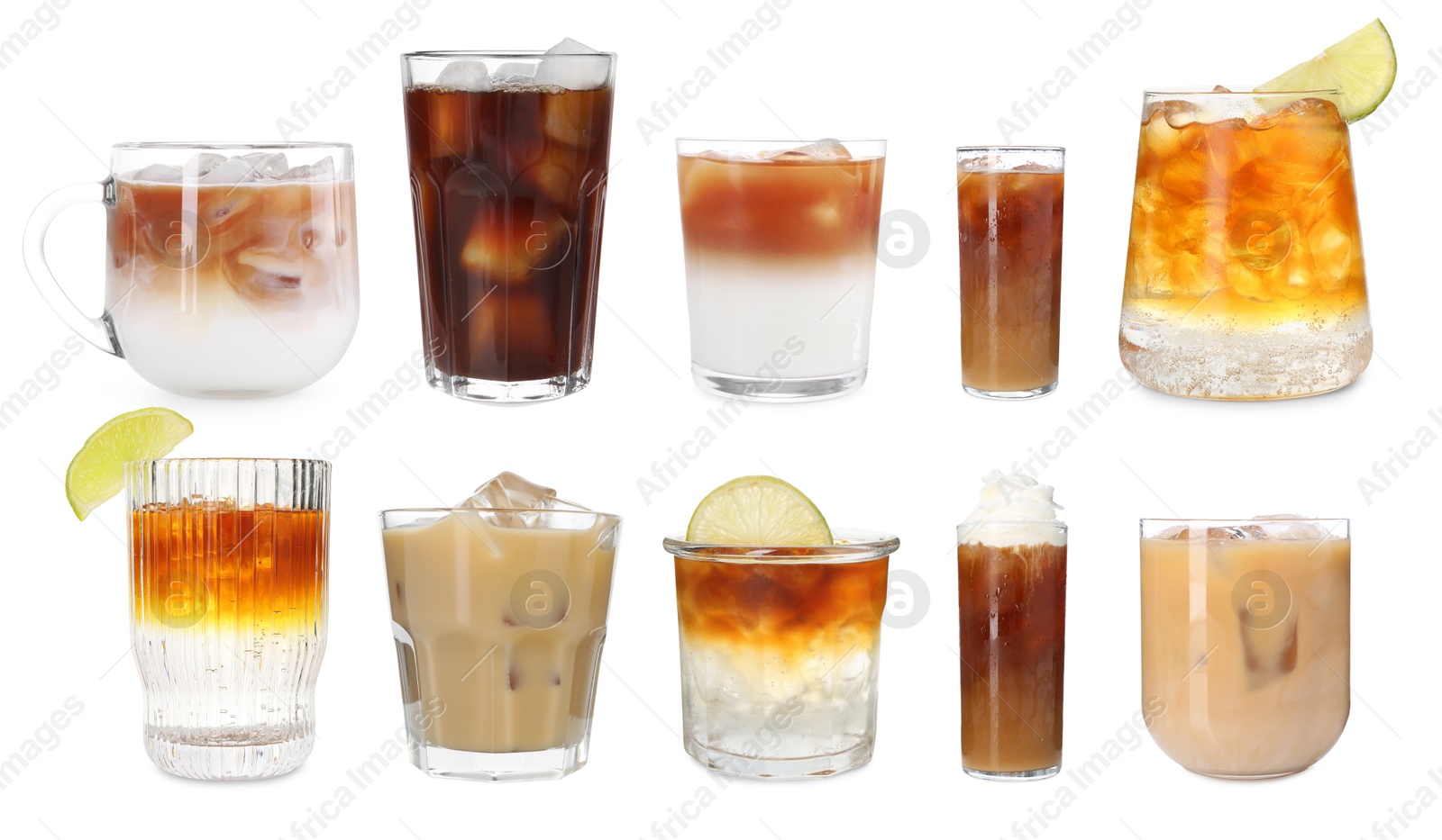 Different cold coffee drinks isolated on white, set Image of Different cold coffee drinks isolated on white, set