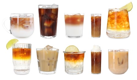 Image of Different cold coffee drinks isolated on white, set