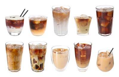 Image of Different cold coffee drinks isolated on white, set