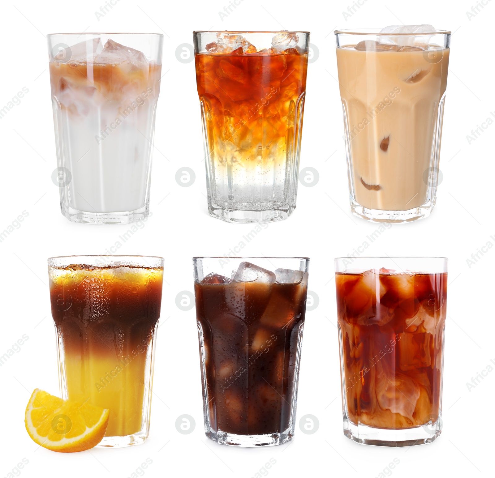 Different cold coffee drinks isolated on white, set Image of Different cold coffee drinks isolated on white, set