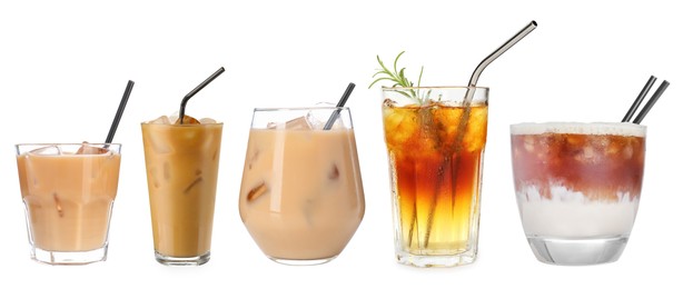 Image of Different cold coffee drinks isolated on white, set