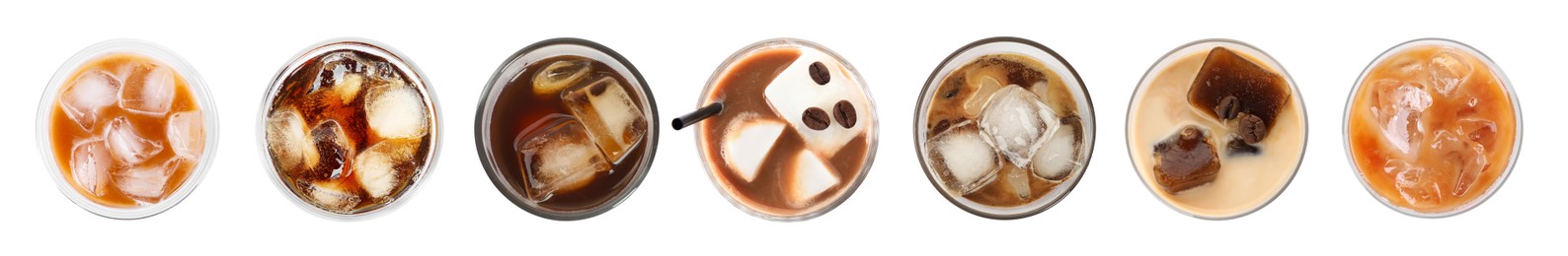 Image of Different cold coffee drinks isolated on white, set. Top view
