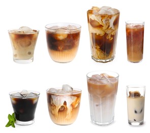 Image of Different cold coffee drinks isolated on white, set