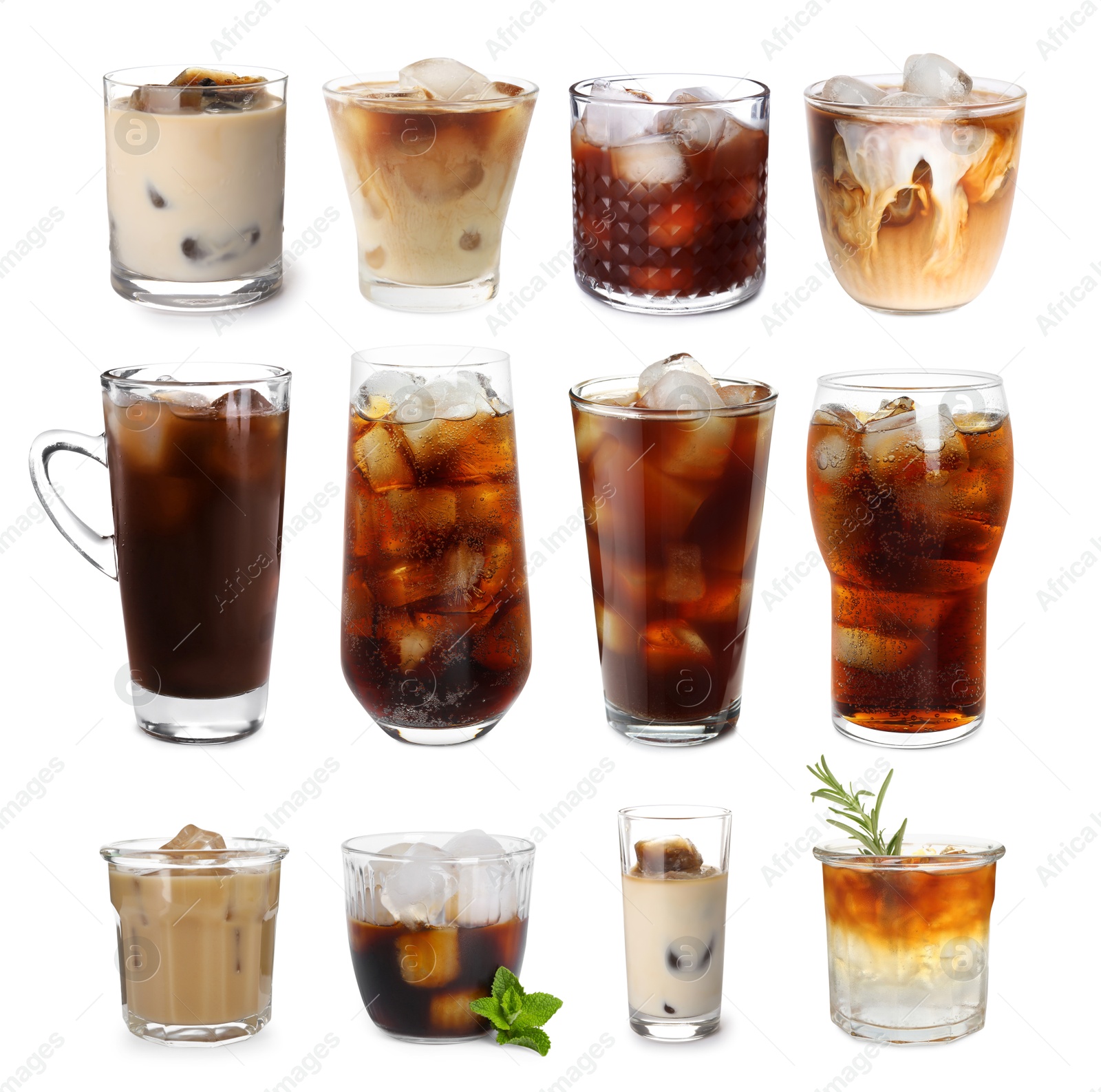 Different cold coffee drinks isolated on white, set Image of Different cold coffee drinks isolated on white, set