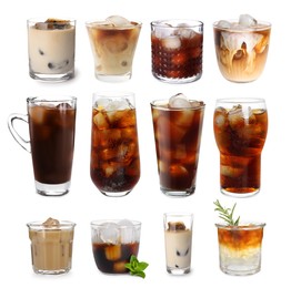 Image of Different cold coffee drinks isolated on white, set
