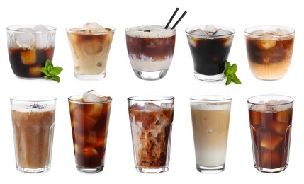Image of Different cold coffee drinks isolated on white, set