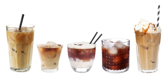 Image of Different cold coffee drinks isolated on white, set