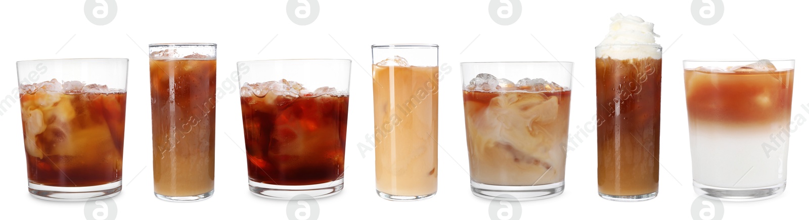 Different cold coffee drinks isolated on white, set Image of Different cold coffee drinks isolated on white, set