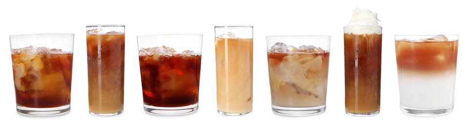 Image of Different cold coffee drinks isolated on white, set