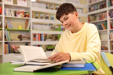Photo of Student with books studying at table in library. Space for text