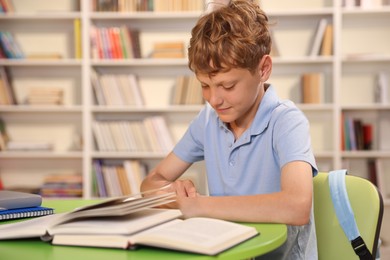 Photo of Student with books studying at table in library. Space for text