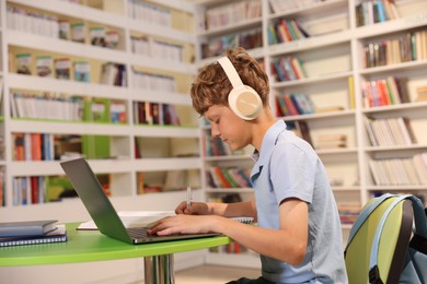 Photo of Student with laptop studying at table in library