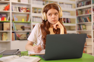 Photo of Student with laptop studying at table in library