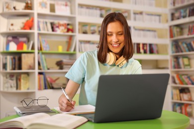 Photo of Student with laptop studying at table in library. Space for text