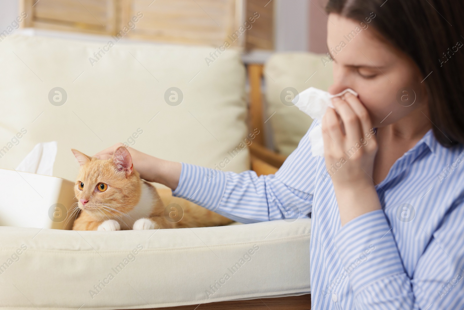 Woman suffering from allergy with her cat at home Photo of Woman suffering from allergy with her cat at home