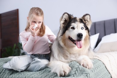 Photo of Girl suffering from allergy with her dog on bed at home