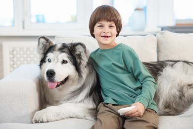 Photo of Happy boy and cute dog on sofa at home