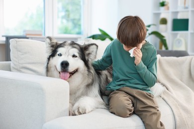 Photo of Boy suffering from allergy with her dog on sofa at home