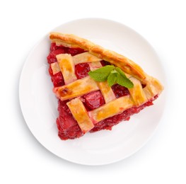 Photo of Piece of tasty strawberry pie isolated on white, top view