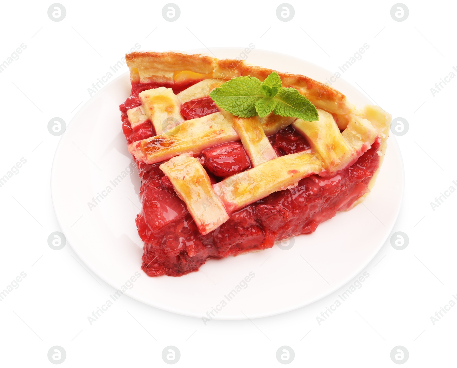 Photo of Piece of tasty strawberry pie isolated on white
