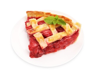 Photo of Piece of tasty strawberry pie isolated on white