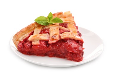 Photo of Piece of tasty strawberry pie isolated on white