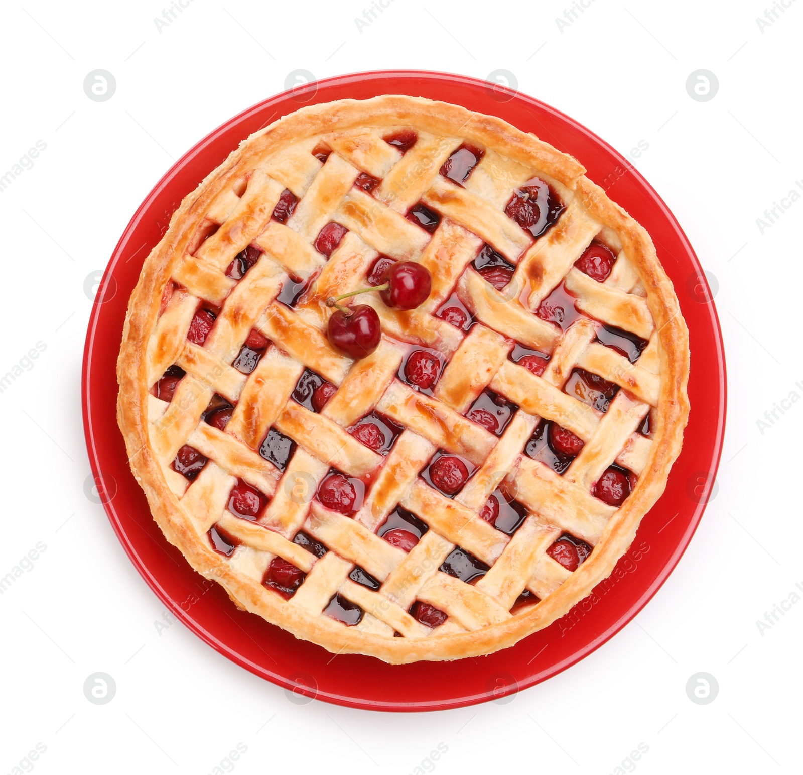 Tasty cherry pie isolated on white, top view Photo of Tasty cherry pie isolated on white, top view