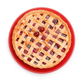 Photo of Tasty cherry pie isolated on white, top view