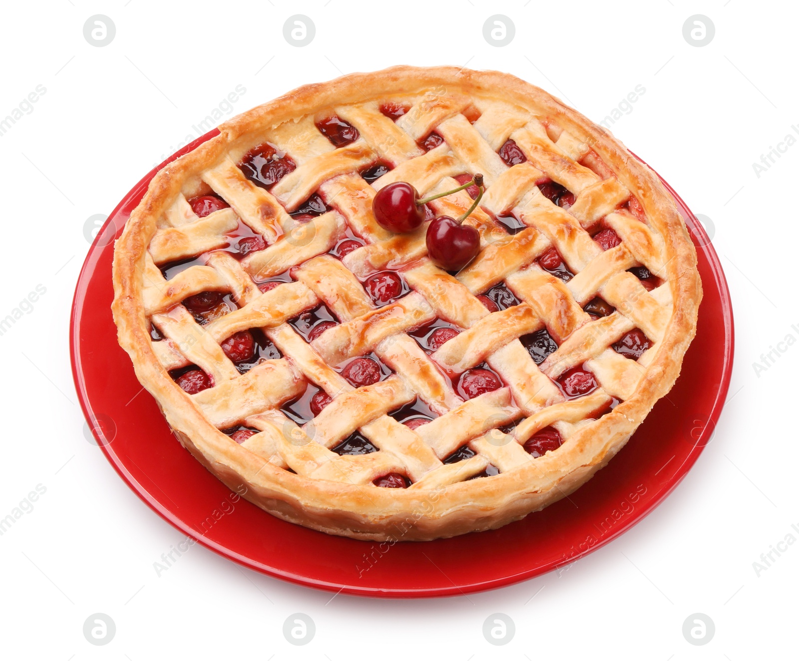 Photo of One tasty cherry pie isolated on white