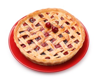Photo of One tasty cherry pie isolated on white
