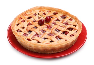 Photo of One tasty cherry pie isolated on white