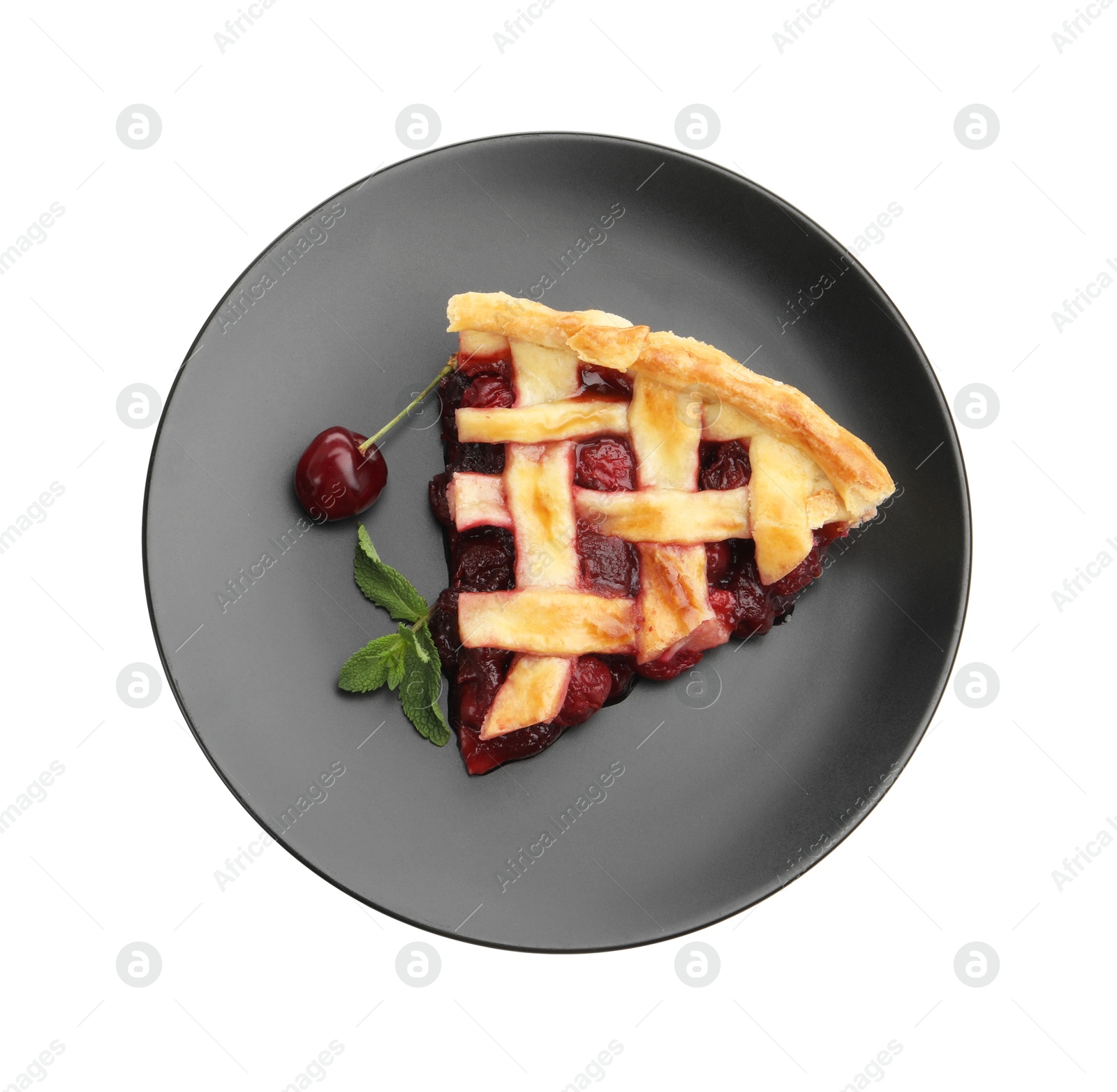 Piece of tasty cherry pie isolated on white, top view Photo of Piece of tasty cherry pie isolated on white, top view