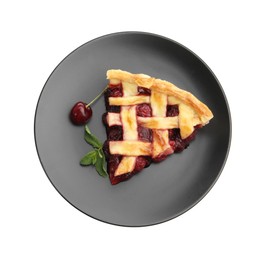 Photo of Piece of tasty cherry pie isolated on white, top view