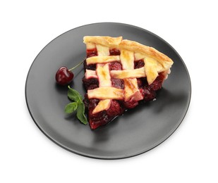 Photo of Piece of tasty cherry pie isolated on white