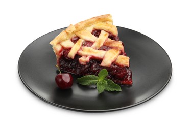 Photo of Piece of tasty cherry pie isolated on white