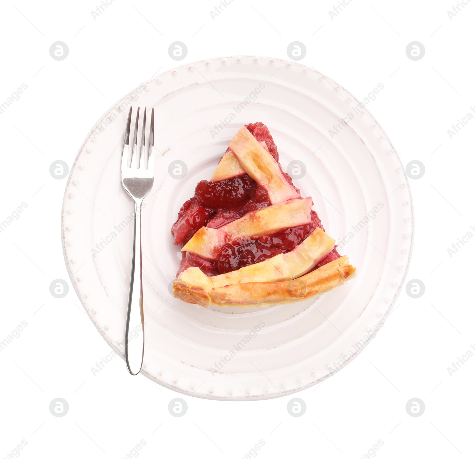 Piece of tasty strawberry pie isolated on white, top view Photo of Piece of tasty strawberry pie isolated on white, top view