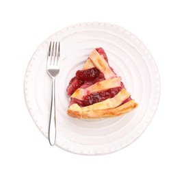 Photo of Piece of tasty strawberry pie isolated on white, top view