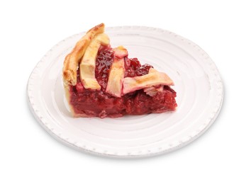 Photo of Piece of tasty strawberry pie isolated on white