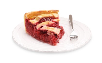 Photo of Piece of tasty strawberry pie isolated on white