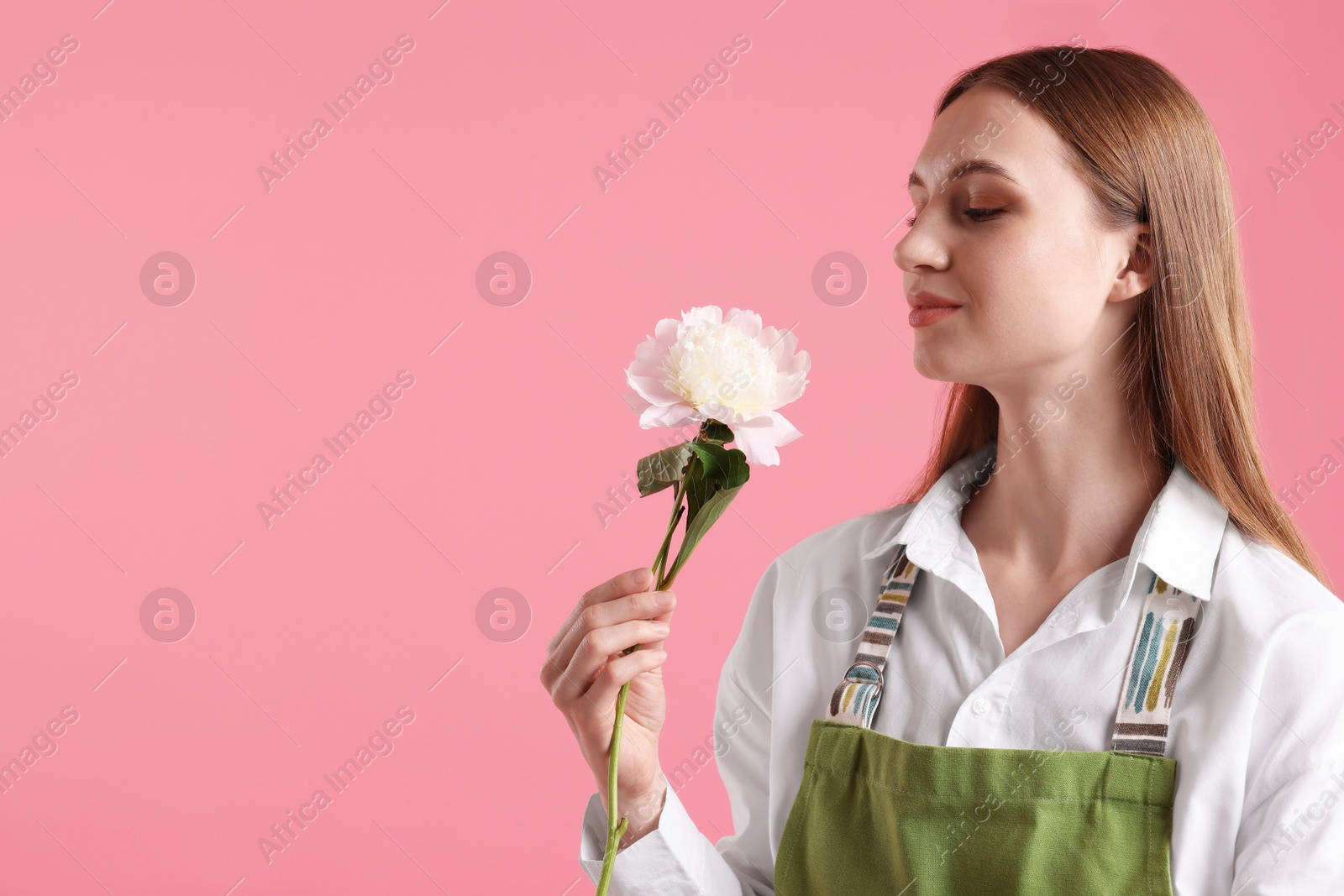 Florist with beautiful peony on pink background, space for text Photo of Florist with beautiful peony on pink background, space for text