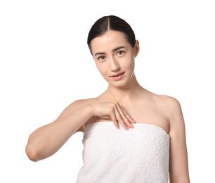 Photo of Portrait of beautiful woman after spa treatment on white background