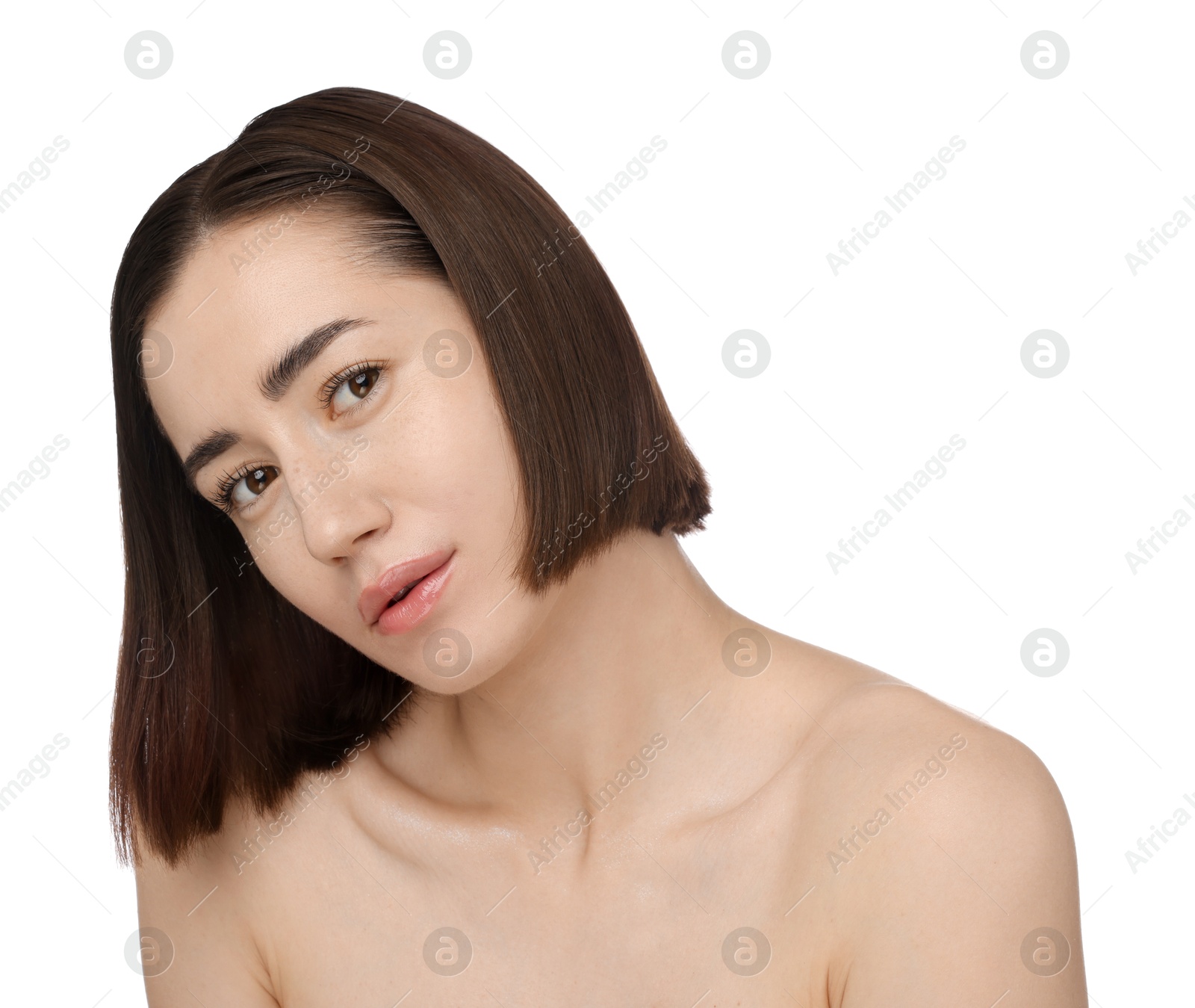 Portrait of beautiful woman after spa treatment on white background, closeup Photo of Portrait of beautiful woman after spa treatment on white background, closeup