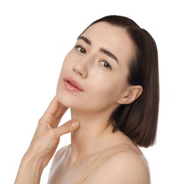 Photo of Portrait of beautiful woman after spa treatment on white background, closeup