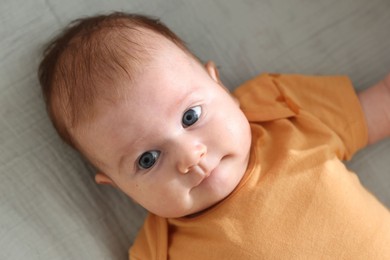 Photo of Cute newborn baby in bassinet, top view