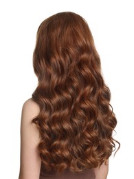 Photo of Teenage girl with healthy wavy hair on white background