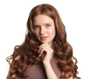 Photo of Portrait of beautiful teenage girl with healthy wavy hair on white background