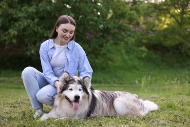 Photo of Happy woman with her cute Alaskan malamute dog on green grass outdoors