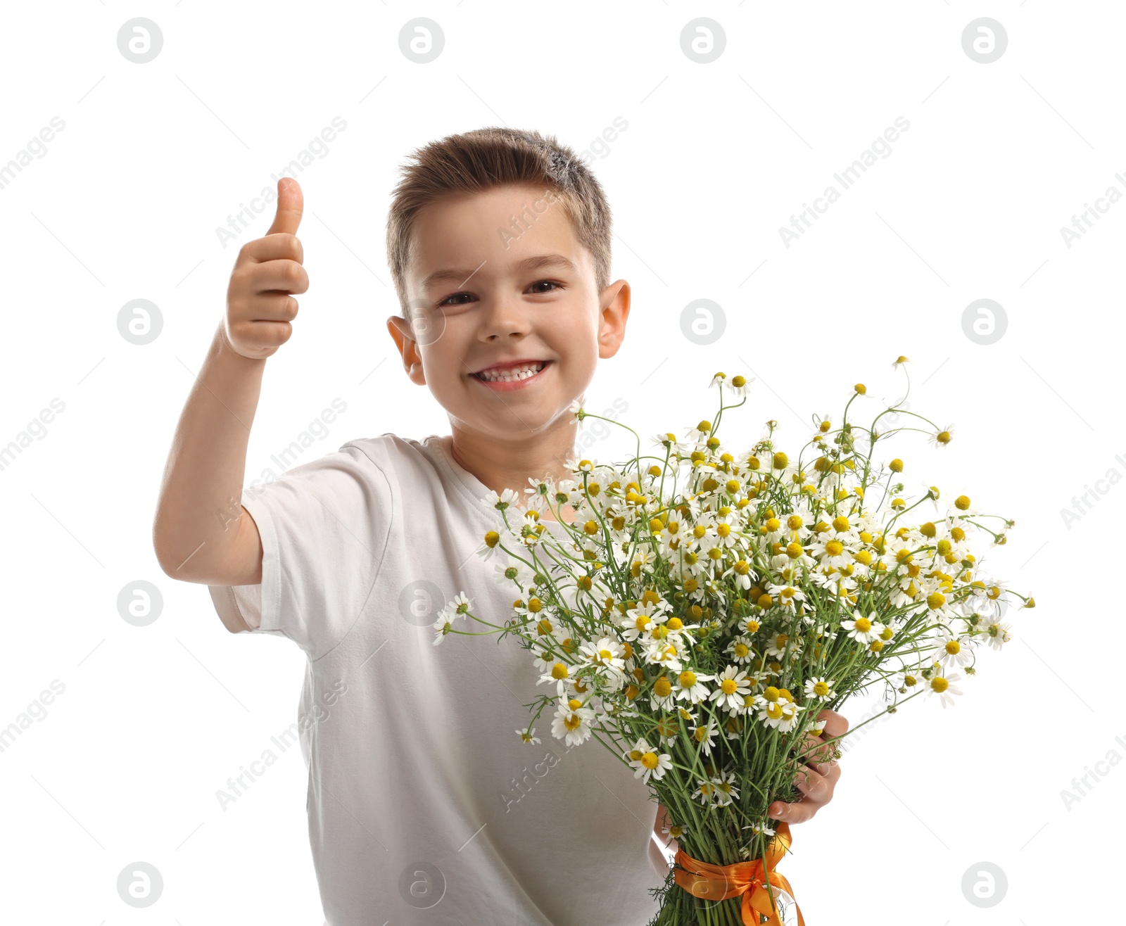 Smiling little boy with bouquet of beautiful chamomile flowers showing thumbs up on white background Photo of Smiling little boy with bouquet of beautiful chamomile flowers showing thumbs up on white background