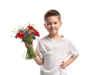Photo of Cute little boy with bouquet of beautiful flowers on white background