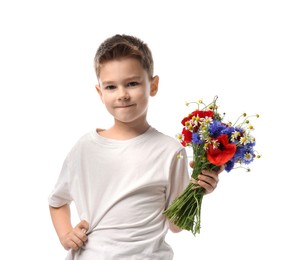 Photo of Cute little boy with bouquet of beautiful flowers on white background